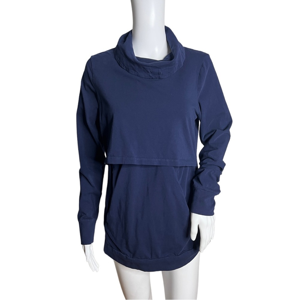 Momzelle Sophie Nursing Top Navy Blue Cowl Neck Long Sleeve Kangaroo Pocket